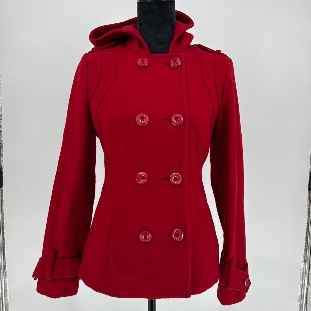 Vintage G by Guess Red Wool Blend Double Breasted Pea Coat Jacket‎ Hoodie S Y2K